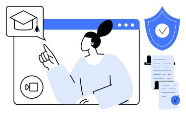 Web tarayıcı ekranındaki mezuniyet başlığını gösteren kişi, bir video arama ikonu, sertifika ve güvenlik kalkanı ile birlikte. Eğitim için ideal, çevrimiçi öğrenim, sertifika, güvenlik, dijital