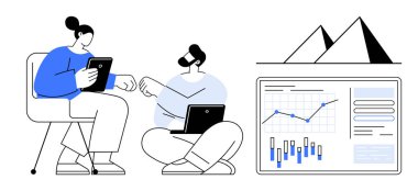 İki meslektaş verileri tartışıyor, biri tabletle bir sandalyeye oturmuş, diğeri yerde dizüstü bilgisayarla, veri tablosu ve arka planda piramitlerle. Takım çalışması ve veri analizi için ideal