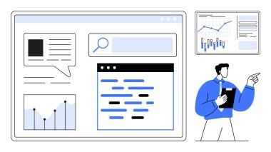 Adam elinde bir pano tutarken büyük bir dijital ekranda gösterilen grafikleri ve grafikleri gösteriyor. İş analizi, veri sunumu, raporlar, eğitim, eğitim, pazarlama, stratejik