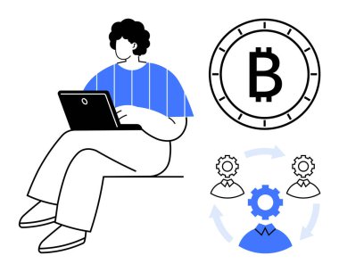 Dizüstü bilgisayar, Bitcoin sembolü, vites ve takım çalışması simgeleriyle oturan kişi. Engelleme teknolojisi, dijital para birimi, çevrimiçi iş, fintech hizmetleri, takım işbirliği, teknolojik yenilik, uzaktan kumanda