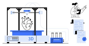 3D yazıcı bir insan kalbi yaratıyor. Laboratuvar önlüklü ve pano gözlemleri yapan bir araştırmacı. Tıbbi yenilik, biyoteknoloji gelişmeleri, sağlık teknolojisi, bilimsel araştırma ve gelecek için ideal.
