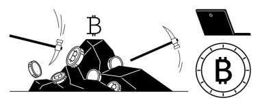 Kazmalar, Bitcoin paralarını, Bitcoin sembolünü ve dizüstü bilgisayarı ortaya çıkarmak için kayaya çarpıyor. Kripto para birimi, engelleme teknolojisi, dijital finans, madencilik kavramları, fintech, yatırım, ekonomik