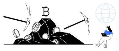 Kazmalarla taşlardan çıkarılan paraların üzerindeki bitcoin sembolleri, dünyanın yanına dizüstü bilgisayarla oturan kişi. Engelleme zinciri kavramları, kripto para birimi eğitimi, dijital ekonomiler, yatırım görselleri, sanal