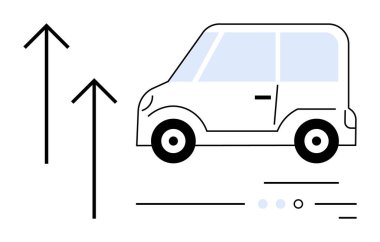 Küçük araba yukarı doğru hareket ve ilerlemeyi simgeleyen büyük oklarla gidiyor. Ticari büyüme, ulaşım, yenilik, başarı, verimlilik, seyahat ve kalkınma temaları için idealdir. Çizgi