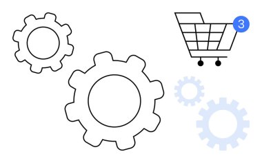 Tebligat kartı olan bir alışveriş arabası ikonu ve teknoloji ve otomasyonu temsil eden üç vites simgesi. E-ticaret, çevrimiçi alışveriş, iş otomasyonu, teknoloji entegrasyonu, pazarlama için ideal