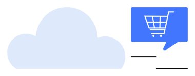 Konuşma balonunda mavi bir alışveriş arabasının yanında mavi bulut ikonu. E-ticaret, bulut bilgisayarı, çevrimiçi alışveriş, dijital hizmetler, SaaS, internet pazarlama ve teknoloji girişimleri için ideal. Çizgi