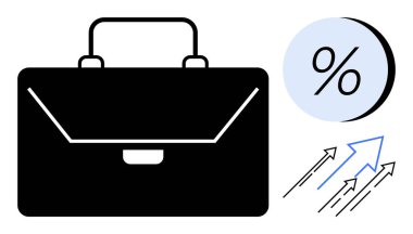 Black business briefcase, percentage symbol in a blue circle, and three blue upward arrows. Ideal for financial planning, business strategy, economic growth, success tracking, market analysis clipart