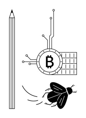 Kalem, devreli Bitcoin sembolü ve minimalist çizgili sivrisinek. Teknoloji, kripto para birimi, doğa, basitlik ve yenilik temaları için idealdir. Siyah ve beyaz vektör tasarımı