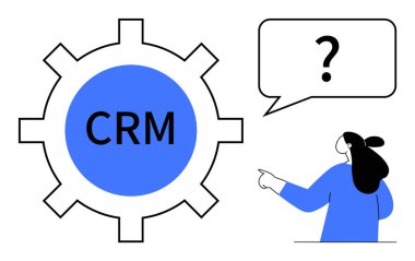 CRM etiketli ve içinde soru işareti olan konuşma baloncuğu olan Gear İdeal, CRM sistemi müşteri ilişkileri yönetimi teknik destek eğitim materyali kullanıcısı için