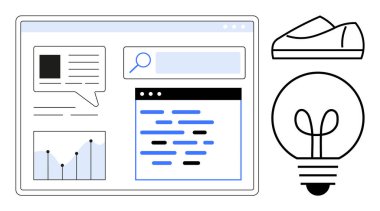 Kod parçaları, arama çubuğu, grafik, bulut platformu, spor ayakkabı ve ampul teması teknoloji, veri analizi, yaratıcılık ve yenilik. Web geliştirme, veri bilimi ve yaratıcılık için ideal
