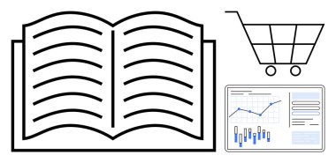 Açık kitap, alışveriş arabası ve finansal grafik. Eğitim için ideal, çevrimiçi alışveriş, finansal analiz, iş stratejisi, araştırma, veri sunumu, e-öğrenme. Satır metaforu