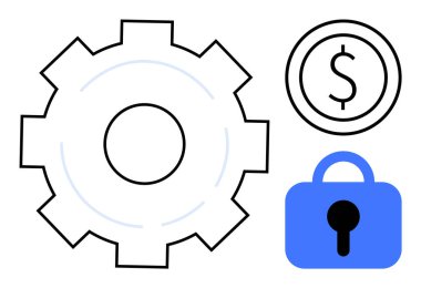 Dişliler, para ve asma kilit sembolleri birlikte dizilmiş. İş, finans, güvenlik, teknoloji ve sistem verimliliği konuları için idealdir. Basit vektör biçimi