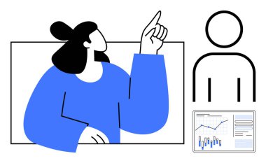 Mavi kazaklı kadın grafiği gösteriyor, basit bir insan figürü ve ekranda bir grafik. İş sunumları, veri analizi, takım toplantıları, eğitim içeriği, pazarlama materyalleri için ideal