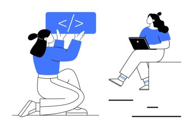 İşbirliği yapan iki kadın. Biri dizüstü bilgisayarla oturur, diğeri kodlama sembolü taşır. Teknoloji, kodlama, işbirliği, takım çalışması, eğitim, çalışma alanları, iletişim için ideal. Satır metaforu