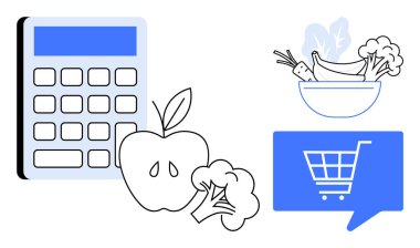 Elmalı ve brokolili hesap makinesi, kasede meyve ve sebze, alışveriş arabalı konuşma balonu. Bütçe, yemek planlaması, market alışverişi, beslenme, sağlıklı yaşam, diyet planları için ideal