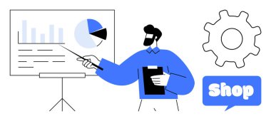 Grafik ve pasta grafiği olan bir grafiği gösteren bir adam elinde bir pano tutuyor. Görünür dişli sembolü ve kelime dükkanlı konuşma balonu. İş, sunum, e-ticaret, veri analizi ve pazarlama için ideal
