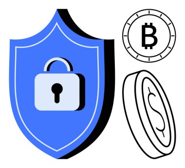 Kilit sembollü mavi kalkan, Bitcoin simgesi ve dolar para çizimi dijital güvenlik ve kripto para birimi finansmanını vurguluyor. Siber güvenlik, finansal teknoloji, çevrimiçi işlemler için ideal