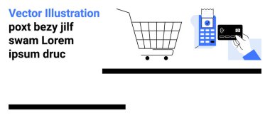 Kredi kartı olan bir ödeme terminalinin yanında bir alışveriş arabası. Çevrimiçi alışveriş, dijital işlemler, perakende satış teknolojisi, e-ticaret platformları ve temassız ödeme için ideal. İniş sayfası için pankart