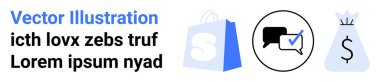Mavi alışveriş çantası, işaretli konuşma balonu ve işaretli gri para çantası. E-ticaret, online alışveriş, iletişim, finans ve iş için ideal. İniş sayfası