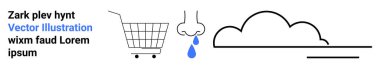 Alış veriş arabalı soyut vektör sanatı, bir damla burunlu ve bulutlu. Soyut, hava durumu ve ticaret konuları için ideal. Mavi, siyah çizgiler ve metin elementleri içerir. İniş sayfası için pankart