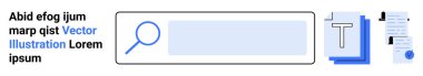 Arama çubuğunun içindeki büyüteç, metin, belgeler, mavi aksanlar. Arama motorları, eğitim siteleri, dijital kütüphaneler, veri yönetimi, çevrimiçi depolar, araştırma araçları, ofis için ideal