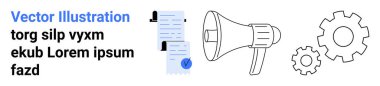 İşaretli belgeler, megafon ve iki vites. İş, pazarlama, proje yönetimi, duyurular, iş akışı optimizasyonu, teknik süreçler ve üretkenlik iniş sayfası için ideal