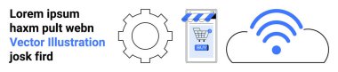 Vites dişlisi, çevrimiçi mağaza önü, kablosuz sembollü bulut. Teknoloji, e-ticaret, internet, yazılım geliştirme, bulut hesaplama, online alışveriş, kablosuz iletişim için ideal. İniş sayfası