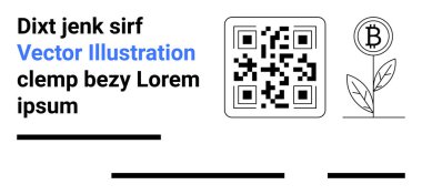 Metin, QR kodu, Bitcoin bitki sembolü ve minimalist satırlar. Finans, kripto para birimi, teknoloji, dijital pazarlama, uygulamalar, web siteleri bilgi indirme sayfası için ideal