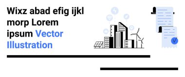 Güneş panelleri, rüzgar türbinleri, gökdelenler, bağlı cihazlar ve iki belgeye sahip şehir manzarası. Sürdürülebilir şehirler, yenilenebilir enerji, akıllı teknoloji, kentsel planlama, çevre
