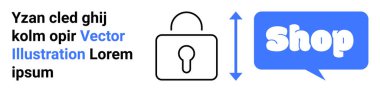 Shop 'un mavi metninin bulunduğu bir konuşma balonunun yanına kilitle. Soldaki siyah rastgele metin. E-ticaret, siber güvenlik, online alışveriş, dijital pazarlama ve web sitesi güvenliği için ideal. Pankart