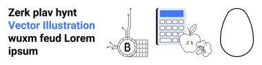 Blockchain grafikli bitcoin sembolü, mavi ekran hesap makinesi, brokolili elma ve yumurta. Finans, teknoloji, sağlık ve beslenme, gıda sanayii, eğitim, tarım üretimi, dijital