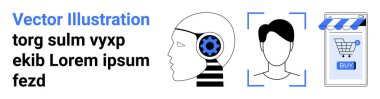 Teçhizatlı yapay zeka profili, yüz tanıma sistemi ve akıllı telefondan alışveriş arabası. Teknoloji, e-ticaret, güvenlik, yenilik, dijital kimlik, çevrimiçi perakende, iş çözümleri için ideal