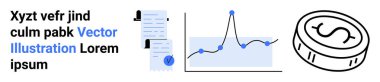 Documents, line chart with data points, dollar coin symbol. Ideal for financial planning, budgeting, bookkeeping, data analysis, economic reports, monetary policy, fintech visuals. Landing page clipart