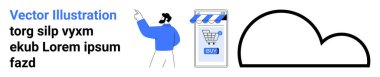 Çizgili tenteli ve büyük bir bulut sembolüne bitişik bir alışveriş arabası ikonu olan bir dükkanın vitrinine bakan adam. E-ticaret, bulut hizmetleri, çevrimiçi alışveriş, dijital pazarlama, veri