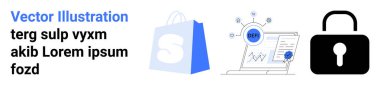 Dijital alışveriş çantası, dizüstü bilgisayarda veri analizi ve güvenlik kilidi. E-ticaret, veri analizi, siber güvenlik, online mahremiyet ve dijital işlemler için ideal. İniş sayfası