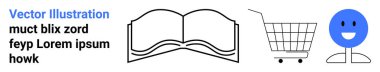 Açık bir kitap, alışveriş arabası ve mavi mutlu bir yüz içeren siyah ve beyaz minimalist tasarım. Eğitim, perakende satış, pozitif titreşimler, öğrenme, ticaret, dijital etkileşimler ve çevrimiçi için ideal