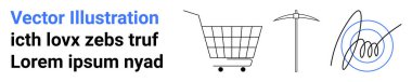 Alışveriş arabası, kazma ve soyut imza sarmalı. E-ticaret, güvenlik, madencilik, dijital, soyut sanat, modern tasarım için ideal. İniş sayfası için pankart
