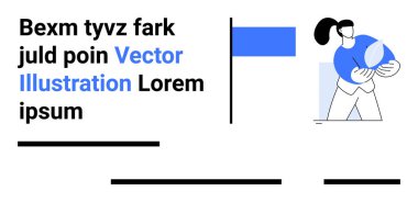 Kadın karakterin elinde küre, soyut şekiller ve mavi bayrak var. Web tasarımı, iş sunumları, eğitim materyalleri, pazarlama içeriği, koçluk slaytları, modern bilgi grafikleri için ideal