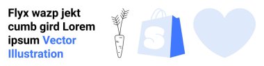 Mavi bir alışveriş çantası, bir kalp sembolü ve siyah ve mavi renkli yer tutucu metni olan bir havuç çizgisi. E-ticaret için ideal, sağlıklı yaşam, yemek, aşk, minimalist tasarımlar. İniş sayfası