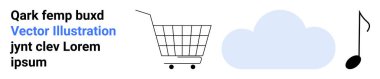 Alışveriş arabası, bulut ve nota simgeleri temiz bir dizaynda. Teknoloji, e-ticaret, bulut hesaplama, online alışveriş ve dijital müzik hizmetleri için ideal. İniş sayfası için pankart