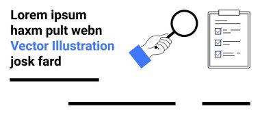 Elleri panonun üstünde büyüteçle kontrol listesi ve işaretleri tutuyor. İş denetimi, kalite denetimi, görev yönetimi, proje izleme, arama optimizasyonu, eğitim materyali için ideal