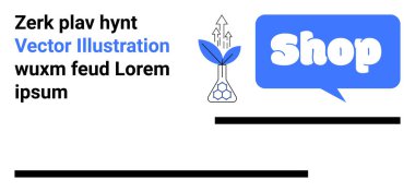 Üzerinde Dükkan metni olan mavi konuşma balonu, üsten büyüyen oklar ve yer tutucu metin. Pazarlama, online alışveriş, büyüme, e-ticaret ve reklam için ideal. İniş sayfası