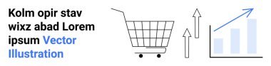Alışveriş arabası, yukarı doğru büyüdüğünü gösteren oklar ve yükselen mavi çizgili bir bar çizelgesi. E-ticaret, çevrimiçi satış, pazar analizi, büyüme stratejisi, iş geliştirme, perakende satış için ideal