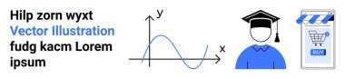 X ve y eksenli mavi grafik, kapaklı mezuniyet simgesi, satın alma mağazası önü. Eğitim içeriği, e-ticaret, çevrimiçi öğrenme, veri temsili, pazarlama ve bilgi tasarımı için ideal