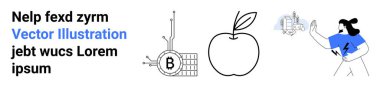 Metin elementleri bir Bitcoin devresi, elma ve akıllı bir şehirle etkileşim halindedir. Finans, teknoloji, sağlık, yenilik, eğitim, pazarlama ve gelecek temalı projeler için ideal