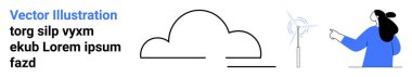 Kadın bulutun yanındaki rüzgar türbinini işaret ediyor. Çevresel farkındalık, yenilenebilir enerji promosyonları, eğitim materyalleri, sürdürülebilirlik kampanyaları, çevre dostu ürünler, temiz enerji