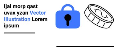 Basit beyaz arkaplanda bir madeni para sembolünün yanında mavi kilit simgesi. Mali güvenlik, ödeme sistemleri, veri gizliliği, çevrimiçi işlemler, dijital cüzdanlar, fintech hizmetleri için ideal