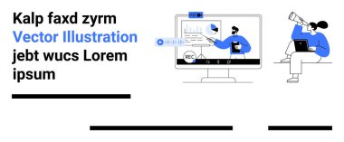 Masaüstü ekranında veri sunan bir adam, bilgisayar ve kulaklıkla uzaktan çalışan bir çalışan. İş toplantıları için ideal, sanal takım çalışması, çevrimiçi konferanslar, uzaktan destek, veri analizi, sanal