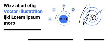 Akıllı sözleşmeleri ve teknolojiyi temsil eden ikonlara bağlı DEFI işaretli daire, soyut imza grafiğinin yanı sıra. Finans, teknoloji blogları, web tasarımı, iş sunumları, dijital