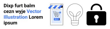 Alış veriş arabası, ampul ve asma kilit ikonlu akıllı telefon. E-ticaret, çevrimiçi güvenlik, yenilik, dijital pazarlama, teknolojik girişimler, yaratıcı fikirler, mobil uygulamalar için idealdir. İniş sayfası